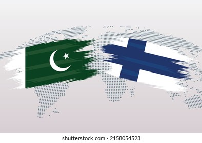 Pakistan and Finland flags. Pakistani and Finnish flags, isolated on grey world map background. Vector illustration.