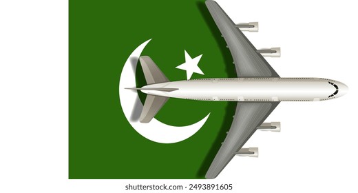 Pakistan flag with an airplane flying over it close up. Vector image.