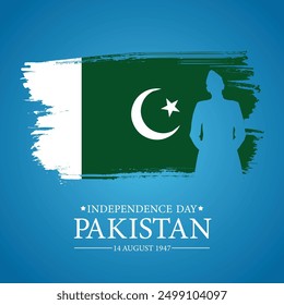 Pakistan Flag in brush stroke style along with Quaid-e-Azam Silhouette on beautiful blue background. Message: Independence Day Pakistan. 14 August 1947. EPS. Vector. 