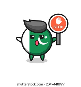 pakistan flag character illustration holding a stop sign , cute design