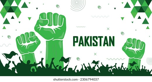 Pakistan flag color combination patriot banner, raised fist, human hands, cheering people, celebrate, green geometric abstract background design, strike, parade, riot, protest or rally