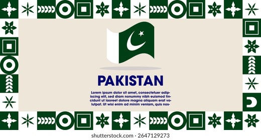 Pakistan Flag Design banner with cultural design. Independence day design for Pakistan celebration. Modern neo geometric retro design with flag, showcasing national pride and heritage.