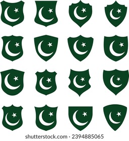 Pakistan flag - flat collection Badges. Flags of different shaped sixteen flat icons. Vector illustration set. 