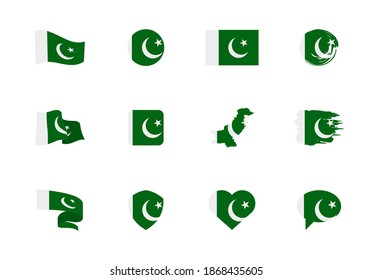 Bandera de Pakistán - colección plana. Banderas de diferentes formas doce iconos planos. Conjunto de ilustraciones de vector
