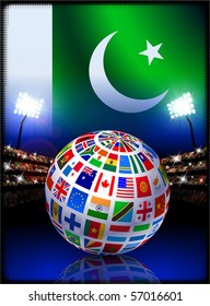 Bandera de Pakistán con un globo en el fondo del estadio Ilustración original