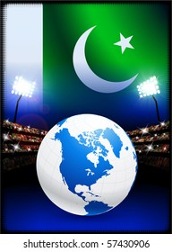 Bandera de Pakistán con un globo en el fondo del estadio Ilustración original