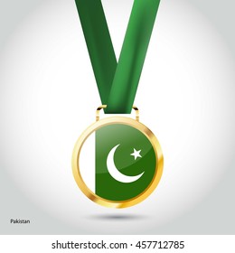 Pakistan Flag in gold Medal. Vector Illustration. RIO Olympic Game gold Medal. Vector Illustration