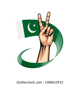 Pakistan flag and hand on white background. Vector illustration