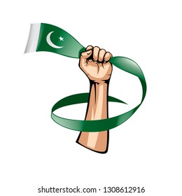 Pakistan flag and hand on white background. Vector illustration