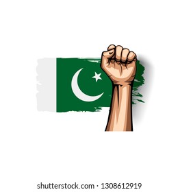 Pakistan flag and hand on white background. Vector illustration