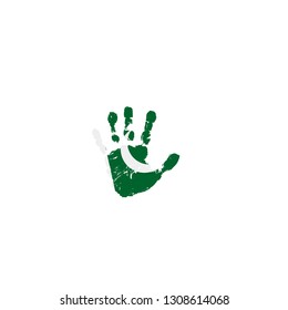 Pakistan flag and hand on white background. Vector illustration