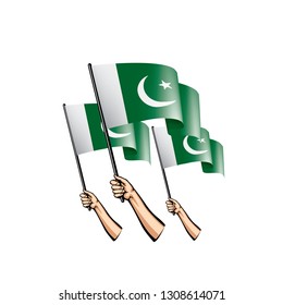 Pakistan flag and hand on white background. Vector illustration