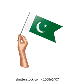 Pakistan flag and hand on white background. Vector illustration