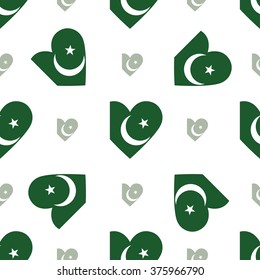 Pakistan flag heart seamless pattern. Patriotic Pakistan flag background. Country flag in the shape of heart. Vector seamless pattern.