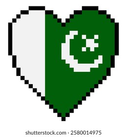  Pakistan flag with heart shape in pixel art style