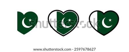 Pakistan Flag Heart. Flag of Pakistan Heart Shape. Set of Pakistan Flag Hearts Vector.