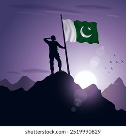 Pakistan Flag hoisted on a mountain peak with a purplish sunset in the background, vector illustration