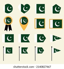 Pakistan flag icon set in 16 shape versions. Collection of Pakistan flag icons with square, circle, heart, triangle, medal, stamp and location shapes.