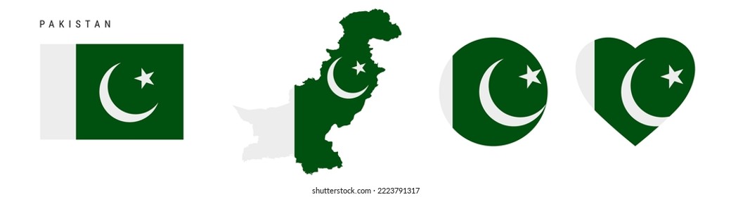 Pakistan flag icon set. Pakistani pennant in official colors and proportions. Rectangular, map-shaped, circle and heart-shaped. Flat vector illustration isolated on white.
