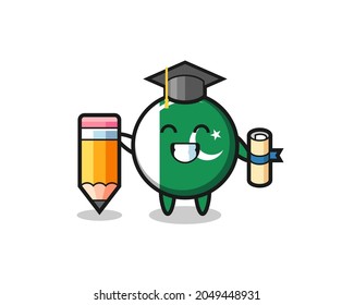 pakistan flag illustration cartoon is graduation with a giant pencil , cute design