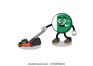 pakistan flag illustration cartoon holding lawn mower , character design