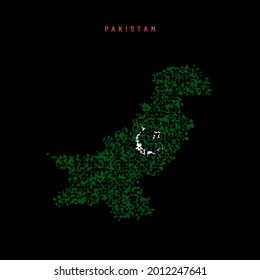 Pakistan flag map, chaotic particles pattern in the colors of the Pakistani flag. Vector illustration isolated on black background.