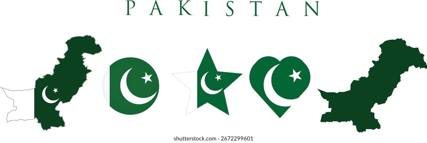 Bandera de Pakistán y conjunto de mapas. Bandera de Pakistán en colores y proporciones oficiales. Día de la independencia 14 de agosto, mapa, círculo y estrella en forma de Pakistán.