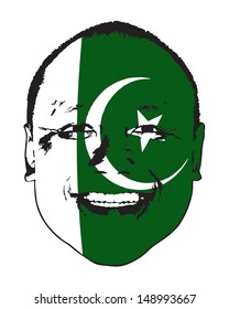 A Pakistan flag on a face, isolated against white. 