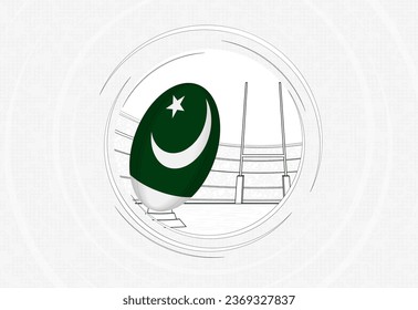 Pakistan flag on rugby ball, lined circle rugby icon with ball in a crowded stadium. Vector sport emblem on abstract background.