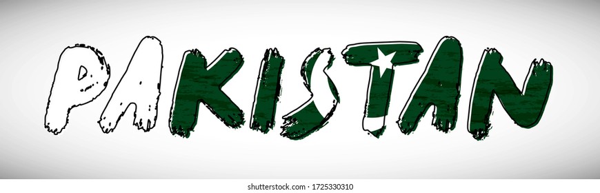 Pakistan flag on text typography. Country name banner strip. Creative typography background