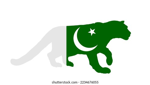 Pakistan flag over Snow leopard national animal vector silhouette illustration isolated on white background. Wild cat in hunt lurking pray. Panther symbol. Silent predator. patriotic proud emblem.