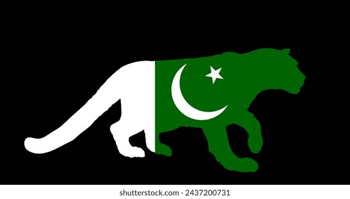 Pakistan flag over Snow leopard national animal vector silhouette illustration isolated on black background. Wild cat in hunt lurking pray. Panther symbol. Silent predator. patriotic proud emblem.