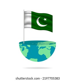 Pakistan flag pole on globe. Flag waving around the world. Easy editing and vector in groups. National flag vector illustration on white background.