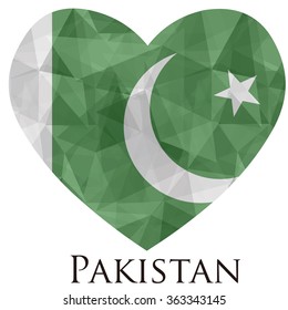 Pakistan flag shape heart in geometric rumpled triangular low poly origami style graphic illustration,mosaic polygonal style.Symbol of love to country.Retro or vintage style background.