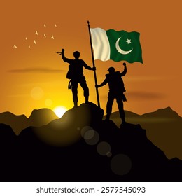 Pakistan flag, silhouette of two climbers holding flags at sunset