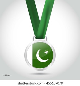 Pakistan Flag in Silver Medal. Vector Illustration. RIO Olympic Game silver Medal. Vector Illustration