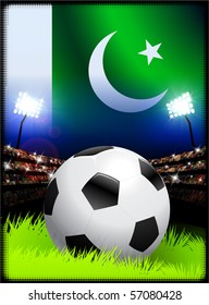 Pakistan Flag with Soccer Ball on Stadium Background Original Illustration