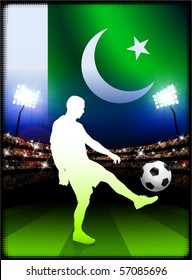 Pakistan Flag with Soccer Player on Stadium Background Original Illustration