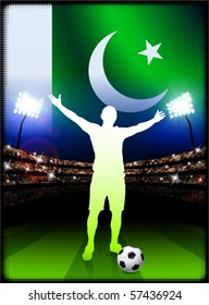 Pakistan Flag with Soccer Player on Stadium Background Original Illustration
