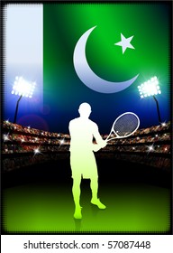 Pakistan Flag with Tennis Player on Stadium Background Original Illustration