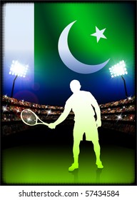 Pakistan Flag with Tennis Player on Stadium Background Original Illustration
