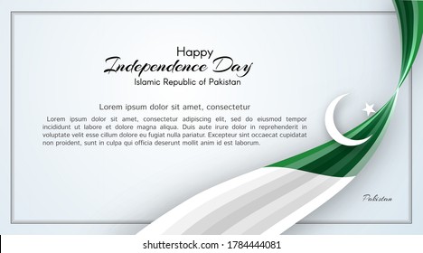 Pakistan flag theme Card with waveform ribbon color of the national flag of Pakistan Text of Happy Independence Day For card banner on holiday flag theme National pakistani patriotic background Vector