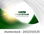 Pakistan flag theme white green wavy ribbon flow design on white background. 14 August Independence Day Pakistan text, color line flyng effect abstract background. Fabric folds web banner design