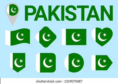 Pakistan flag vector set. pakistanian natioanl symbols collection. sports, national, travel, geographic, patriotic, design elements. isolated icons with state name.Geometric shapes. Flat style