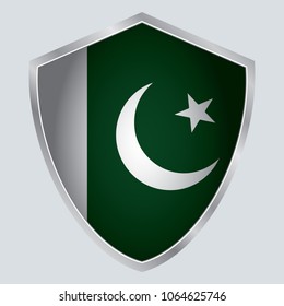 Pakistan Flag Vector Shield Icon. asia. vector illustration. vector shadow. gray background. 3d. eps10.