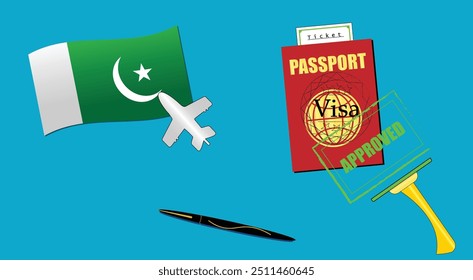 Pakistan flag with white plane icon. Passport with visa approved stamp. Black stylish Pen. Pakistani Travel poster. Editable vector EPS available