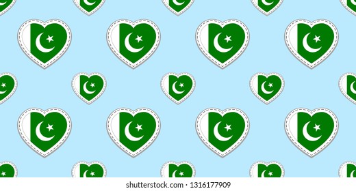 Pakistan flags background. Pakistanian flag seamless pattern. Vector stickers. Love hearts symbols. Good choice for sports pages, travel, patriotic, geographic, elements. patriotic wallpaper