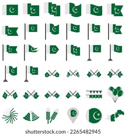 Juego de iconos de banderas de Pakistán, símbolo del vector del día de la independencia de Pakistán