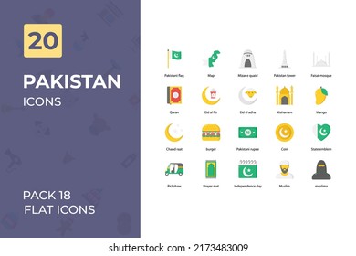 Pakistan Flat Icons Collection. Set contains such Icons as Pakistan flag, mango, badge, and more.