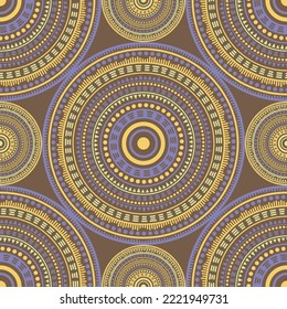 Pakistan folk motifs seamless pattern. Circle medallion mandala abstract flowers. Textile print template. Retro fashion pattern. Floral geometric circular seamless ornament.